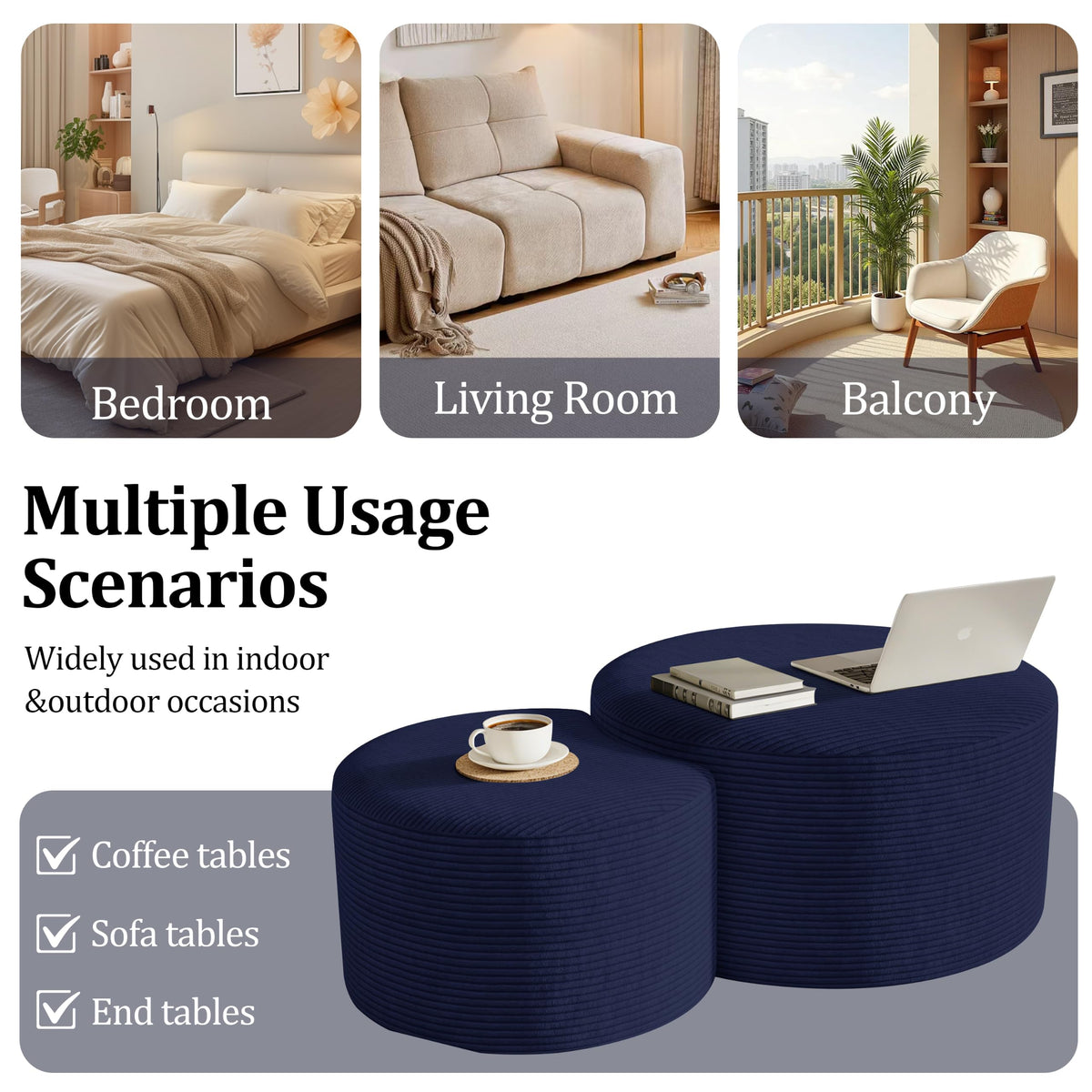 Round Nesting Coffee Table Set of 2,Upholstered Foam Ottoman Footrest Side Table Set,Modern Flannel Circle Coffee Table No Assembly for Living Room Entryway Bedroom,Black