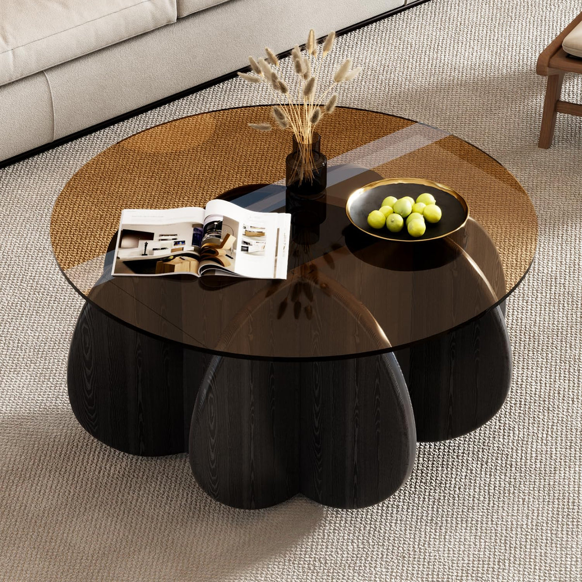 31.5'' Round Coffee Table with Tempered Glass Top, Modern Center Table for Small Spaces - Sturdy Walnut Board Frame, Simple Design for Living Room, Home, Office - Easy Assembly. (Walnut + Brown)