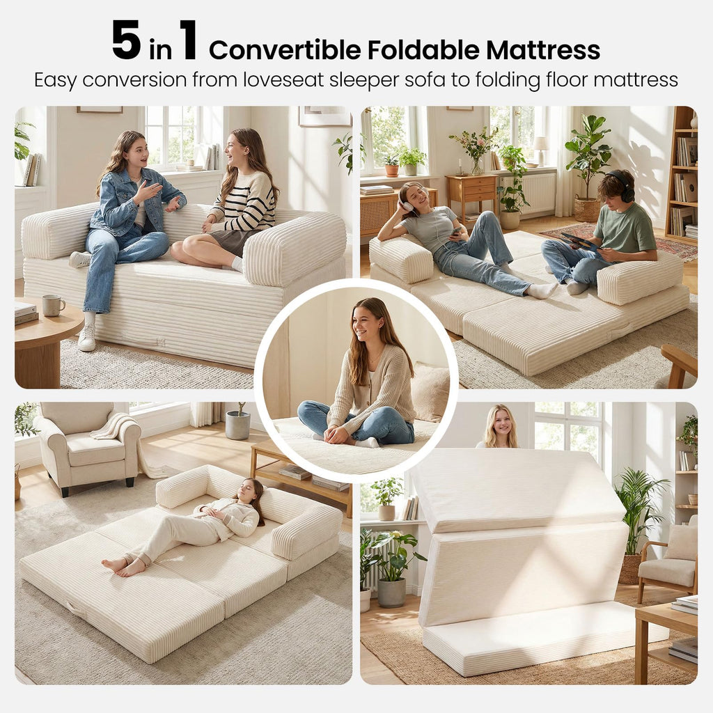 Erament Futon Sofa Bed Queen, Convertible Tri Folding Mattress Foldable with Removable Armrests & Washable Cover, 5-Inch Floor Mattress with High-Density Foam, Small Pull Out Couch Bed, Beige