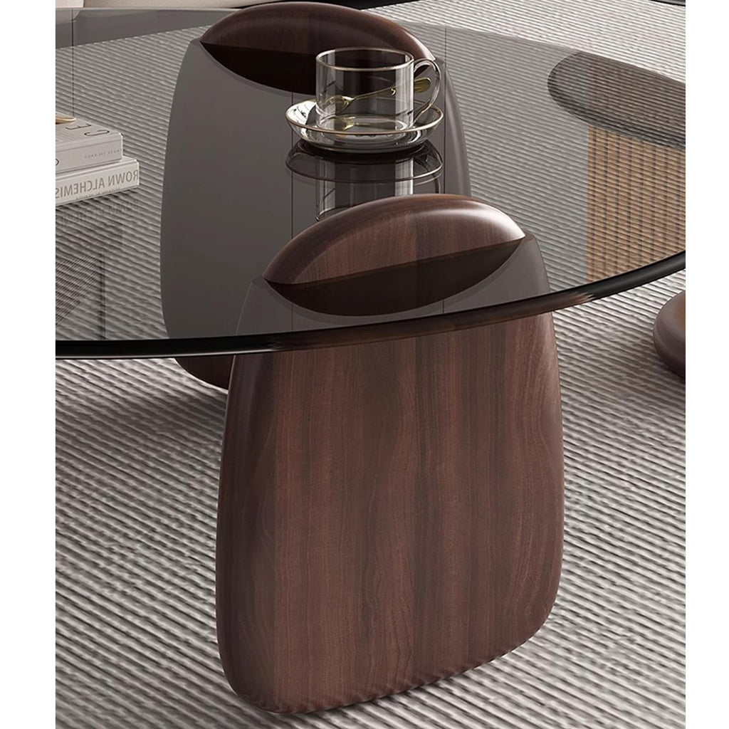 EASYSOUL Modern Round Coffee Table with Glass Top, 27.56" D x 27.56" W x 14.69" H, Circular Tea Tables for Living Room Home Office Industrial Cocktail Tables (Walunt-Clear Glass/27.56")