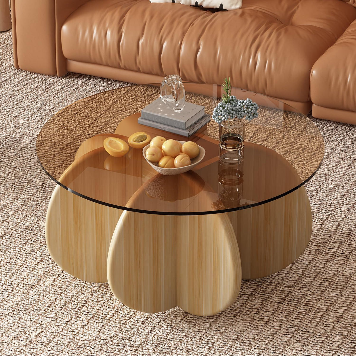31.5'' Round Coffee Table with Tempered Glass Top, Modern Center Table for Small Spaces - Sturdy Walnut Board Frame, Simple Design for Living Room, Home, Office - Easy Assembly. (Walnut + Brown)