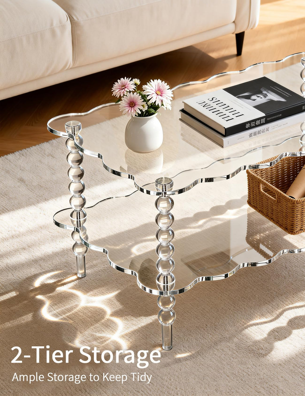 Acrylic Coffee Table, 2-Tier Living Room Table with Storage, Center Table Mid-Modern Century for Living Room, Easy to Assemble (Green, 37.8âÃ23.6âÃ15.7â)