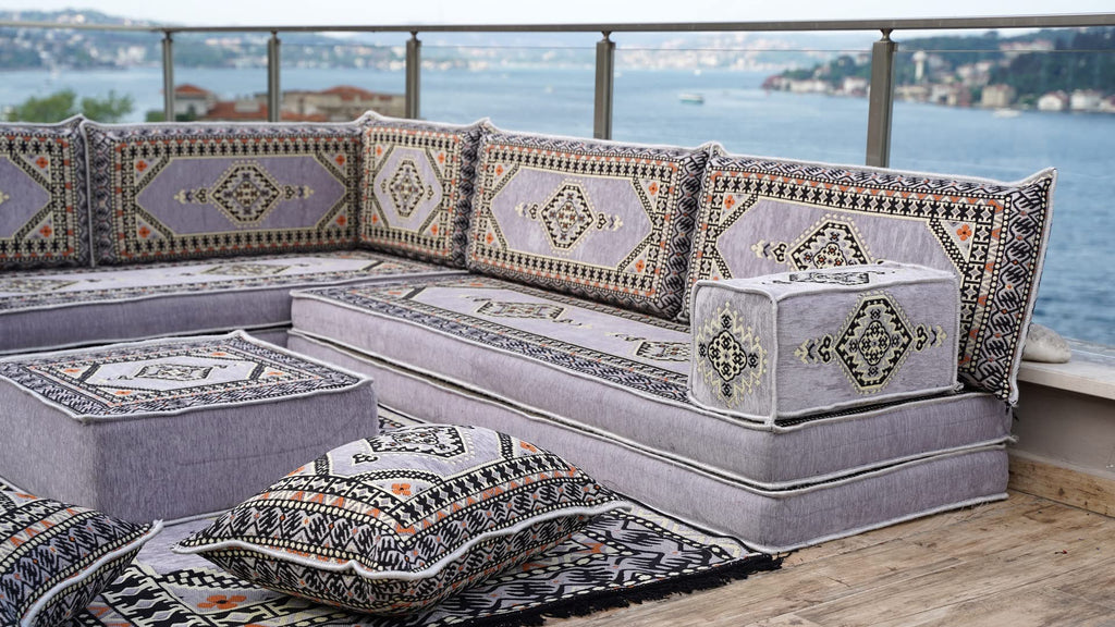 Gray L Shaped Pallet Cushions, Arabic Floor Sofa Set, Oriental Floor Seating, Sectional Floor Cushion, Indoor Floor Pillows, Arabic Majlis Set, Sofa Bed (U Sofa + Rug + Ottoman, 8'' Thickness (20 cm))