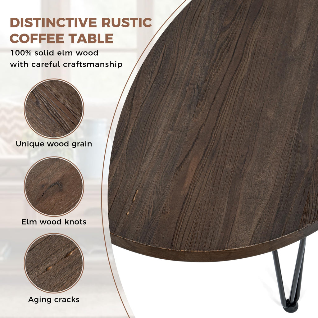 FLYJOE Rustic Wood Round Coffee Table with Metal Legs, Solid Elm Wood Top and Non-Slip Feet Pads - Farmhouse Style for Living Room, Natural