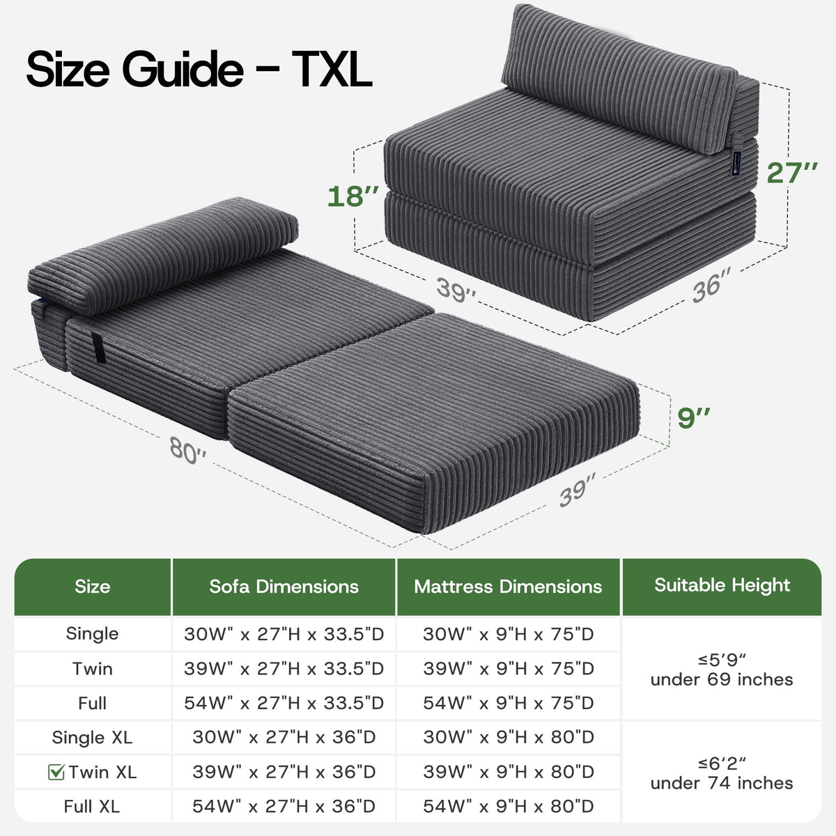 Folding Sofa Bed Convertible 4 in 1 Sleeper Chair Black Single