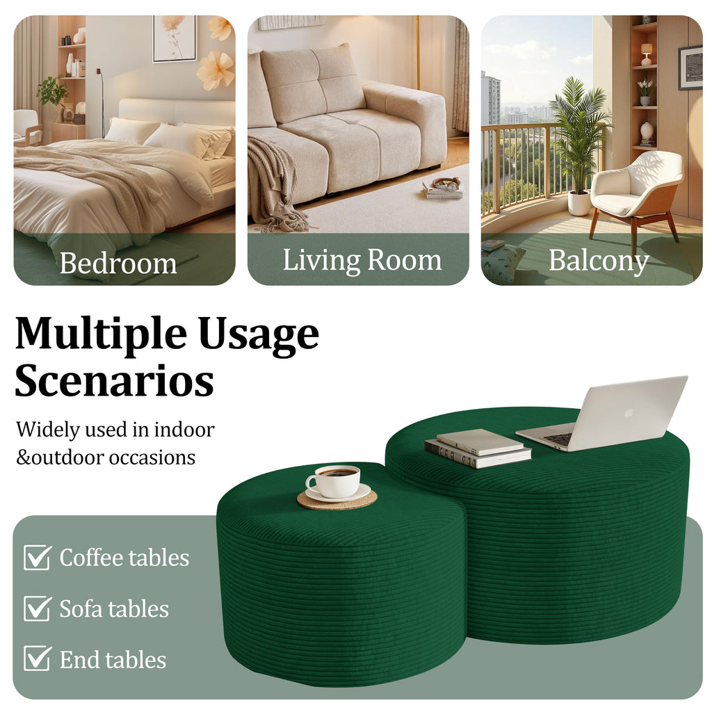 Round Nesting Coffee Table Set of 2,Upholstered Foam Ottoman Footrest Side Table Set,Modern Flannel Circle Coffee Table No Assembly for Living Room Entryway Bedroom,Black