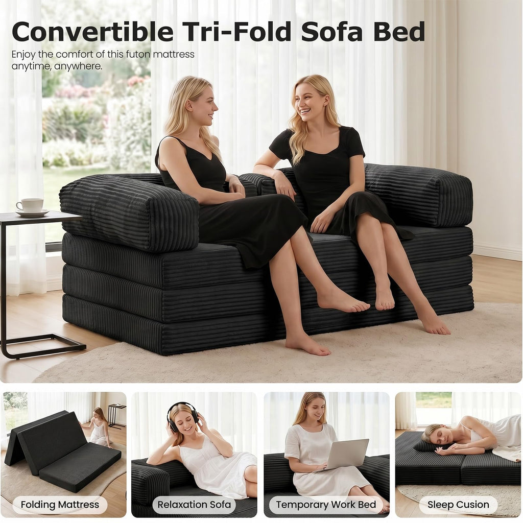 Tri-Fold Foldable Mattress, Convertible Folding Sofa Bed with Removable Arms & Washable Cover, All-in-One Portable Mattress Floor Sofa Bed, No Assembly Required & Non-Slip, Queen Size, Grey
