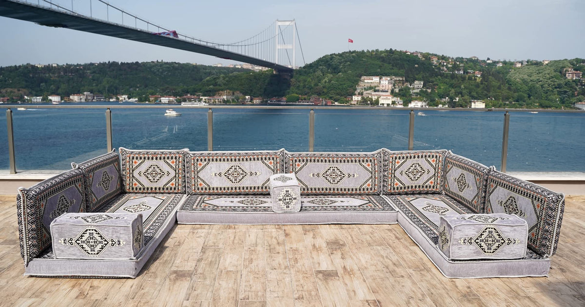 Gray L Shaped Pallet Cushions, Arabic Floor Sofa Set, Oriental Floor Seating, Sectional Floor Cushion, Indoor Floor Pillows, Arabic Majlis Set, Sofa Bed (U Sofa + Rug + Ottoman, 8'' Thickness (20 cm))