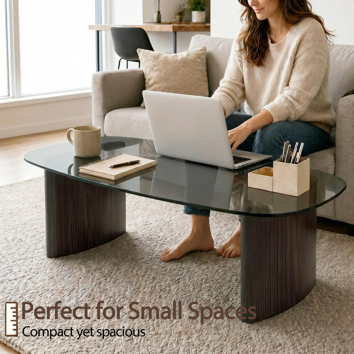 Honyee Glass Coffee Table, 30.7â Round Coffee Table with Tempered Glass Top, Walnut Wood X-Shaped Base, Stable Modern Center Table for Living Room, Apartment and Small Spaces