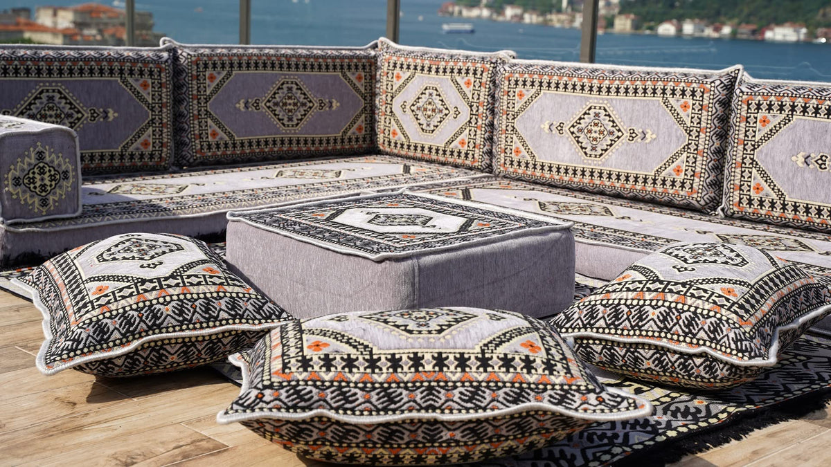 Gray L Shaped Pallet Cushions, Arabic Floor Sofa Set, Oriental Floor Seating, Sectional Floor Cushion, Indoor Floor Pillows, Arabic Majlis Set, Sofa Bed (U Sofa + Rug + Ottoman, 8'' Thickness (20 cm))
