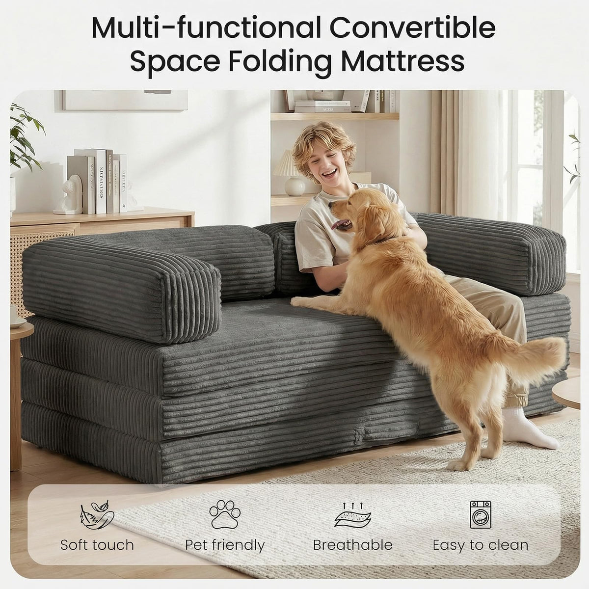 Erament Futon Sofa Bed Queen, Convertible Tri Folding Mattress Foldable with Removable Armrests & Washable Cover, 5-Inch Floor Mattress with High-Density Foam, Small Pull Out Couch Bed, Beige