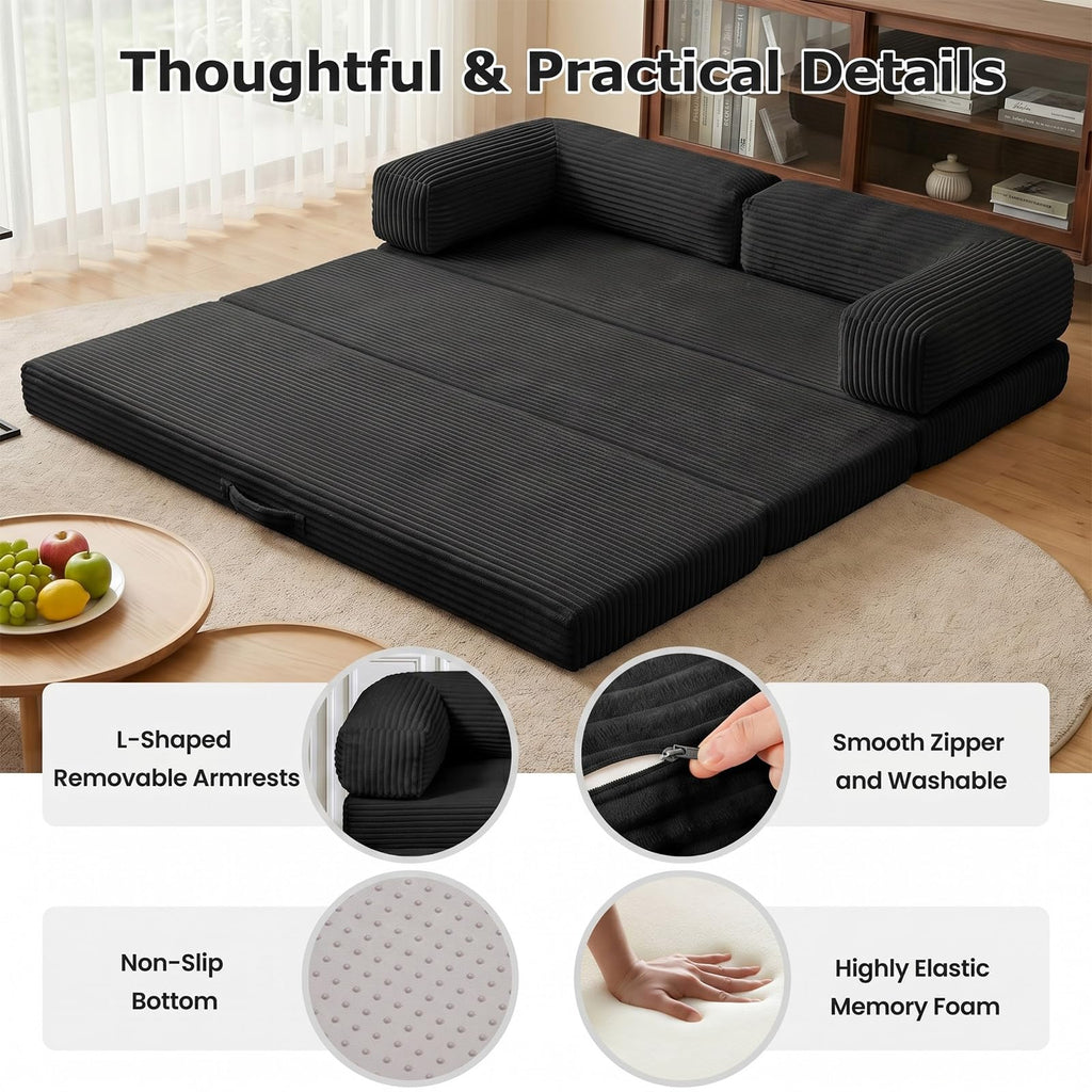 Tri-Fold Foldable Mattress, Convertible Folding Sofa Bed with Removable Arms & Washable Cover, All-in-One Portable Mattress Floor Sofa Bed, No Assembly Required & Non-Slip, Queen Size, Grey