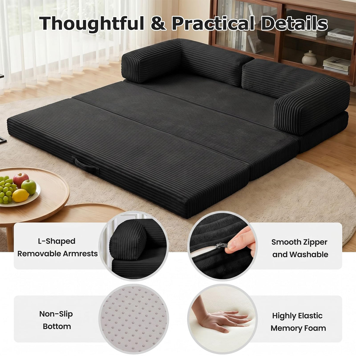 Tri-Fold Foldable Mattress, Convertible Folding Sofa Bed with Removable Arms & Washable Cover, All-in-One Portable Mattress Floor Sofa Bed, No Assembly Required & Non-Slip, Queen Size, Grey