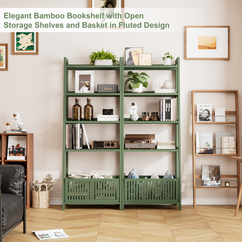 Bamjoy Bamboo Ladder Shelf, Bookshelf with 4 Display Shelves and 1 Open Storage Basket, Multifunctional Storage Rack Organizer for Home Office, Bedroom, Living Room, 66â H Natural