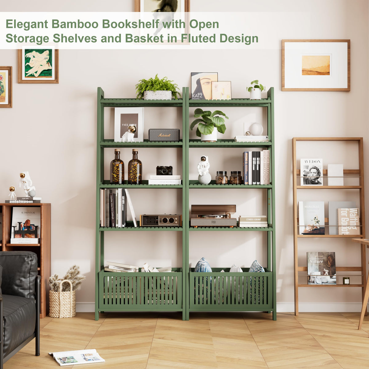 Bamjoy Bamboo Ladder Shelf, Bookshelf with 4 Display Shelves and 1 Open Storage Basket, Multifunctional Storage Rack Organizer for Home Office, Bedroom, Living Room, 66â H Natural