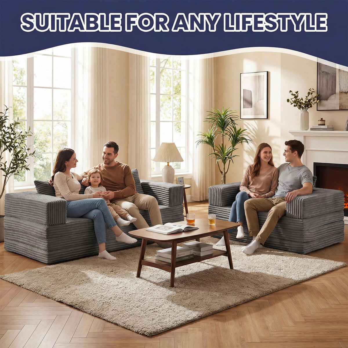 Convertible Sofa Bed, 4-in-1 Boneless Loveseat with Removable Armrests Backrest, Corduroy Futon Couch Bed with Pillow, Foldable Mattress Sleeper Sofa for Living Room Bedroom Small Place (Beige)