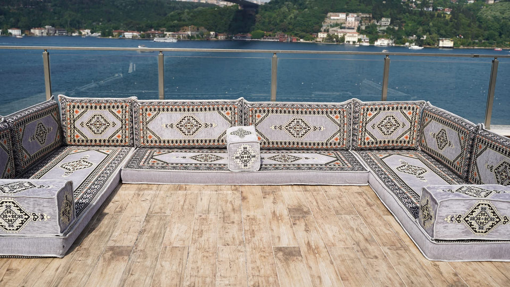 Gray L Shaped Pallet Cushions, Arabic Floor Sofa Set, Oriental Floor Seating, Sectional Floor Cushion, Indoor Floor Pillows, Arabic Majlis Set, Sofa Bed (U Sofa + Rug + Ottoman, 8'' Thickness (20 cm))