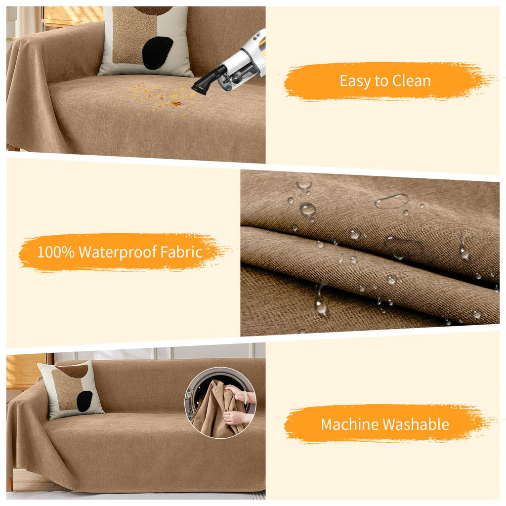 Deep Dream Cat-Scratch Resistant Couch Cover, Waterproof Sofa Cover for 3 Cushion Couch Washable, Pet Friendly Couch Protectors Anti Slip Thickened Sofa Slipcovers for Dogs Pets, 91" x 150", Brown