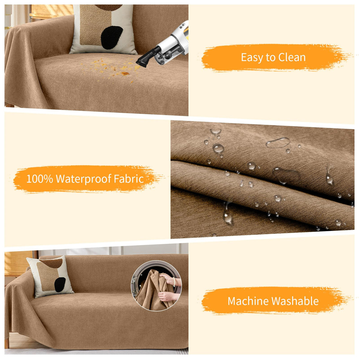 Deep Dream Cat-Scratch Resistant Couch Cover, Waterproof Sofa Cover for 3 Cushion Couch Washable, Pet Friendly Couch Protectors Anti Slip Thickened Sofa Slipcovers for Dogs Pets, 91" x 150", Brown