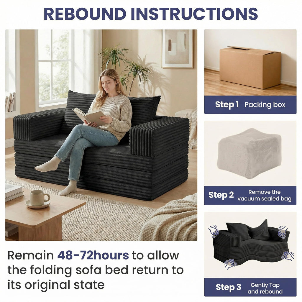Convertible Sofa Bed, 4-in-1 Boneless Loveseat with Removable Armrests Backrest, Corduroy Futon Couch Bed with Pillow, Foldable Mattress Sleeper Sofa for Living Room Bedroom Small Place (Beige)