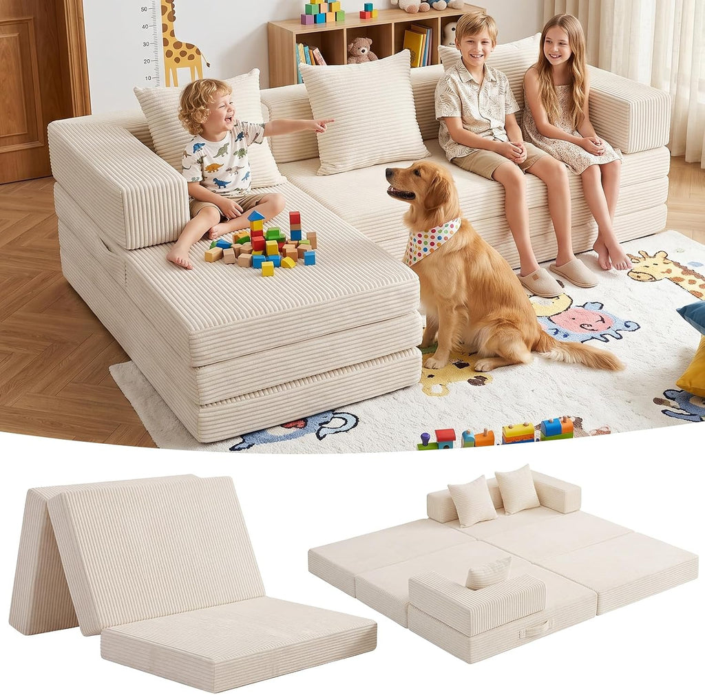 Modular Kids Play Couch, Convertible Toddler Sectional Sofa, Soft Cloud Corduroy Kids Sofa Bed with 3 Pillows, Safe No Edge Foam Play Furniture for Boys Girls Playroom Bedroom