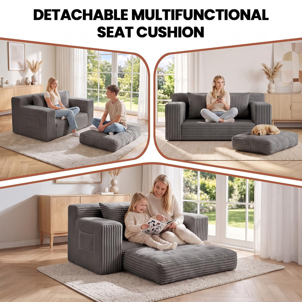 Small Boneless Couch, Boneless Loveseat Convertible Sofa Bed Sleeper Sofa Couch Bed with 2 Pillows, Corduroy Folding Floor Futon Foldable Boneless Couch for Living Room, Guest Room, Small Space, Black
