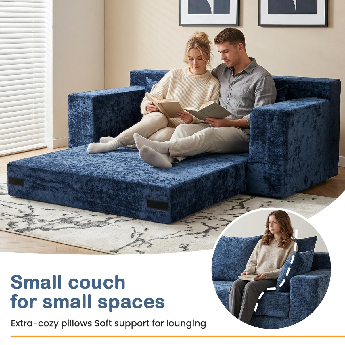 55" Small Boneless Couch, 3-in-1 Boneless Loveseat Sleeper Sofa Bed Convertible Sofa Bed with 4 Pillows, Black Corduroy Boneless Couch for Living Room, Guest Room, Small Space, No Assembly Required