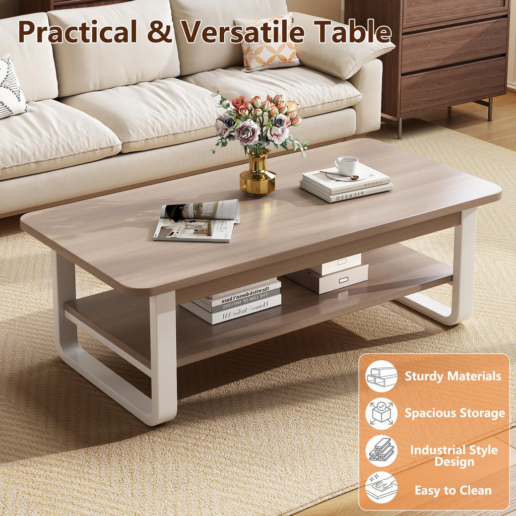 Coffee Table for Living Room with 2-Tier Storage Shelf, 39 inch Rectangular Wooden Center Table, Large Industrial Coffee Tables with Metal Leg & Rounded Corners for Home Office(Black)