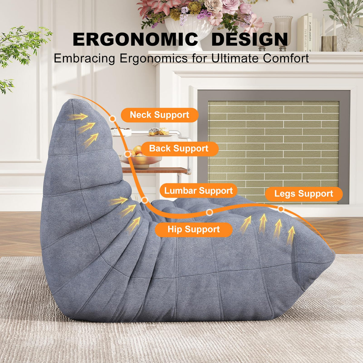 Full Foam 3-Seater Sofa, Bean Bag Floor Couch for Adults, Waterproof Fabric