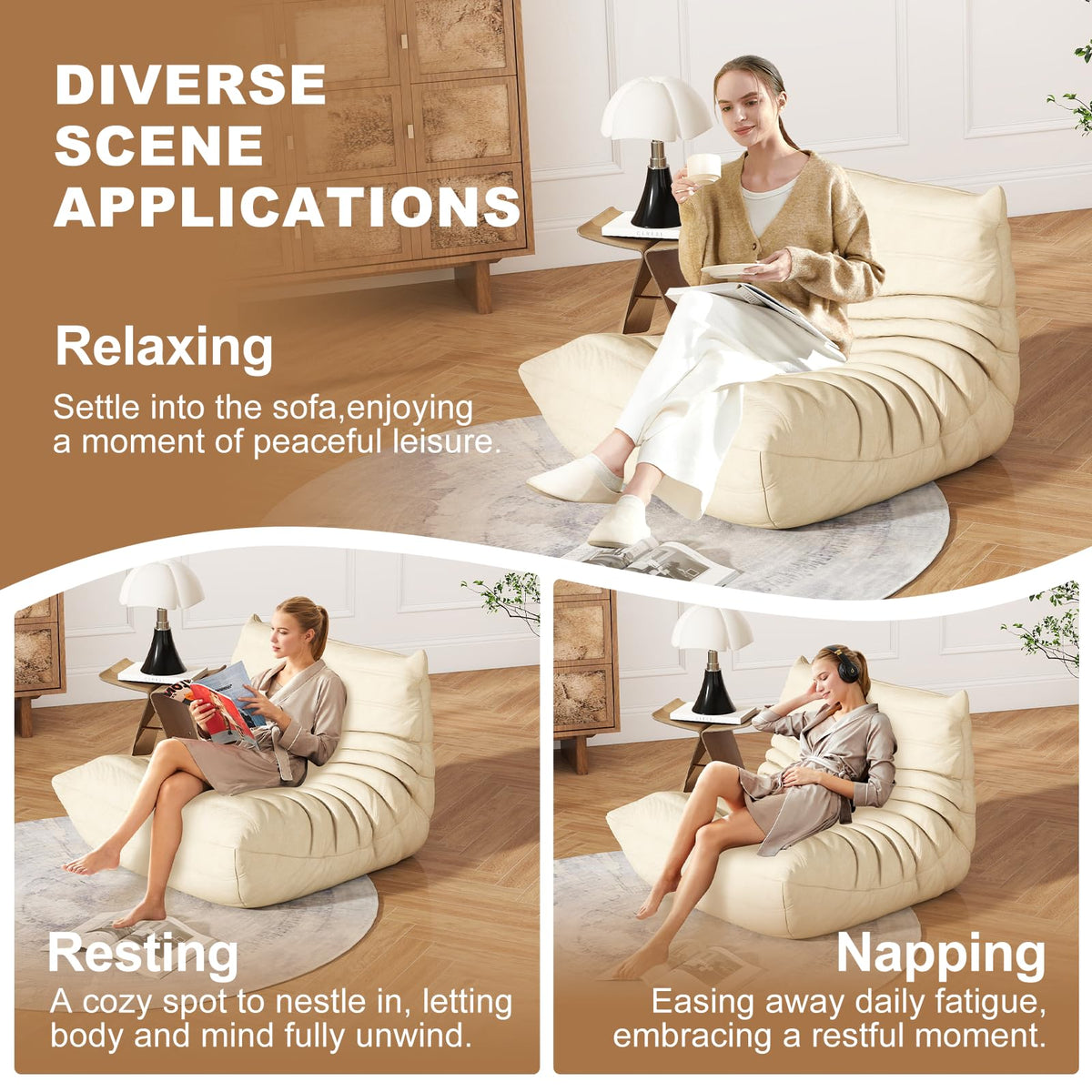 Full Foam 3-Seater Sofa, Bean Bag Floor Couch for Adults, Waterproof Fabric