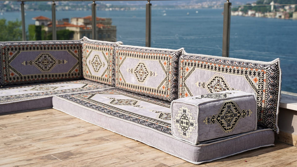 Gray L Shaped Pallet Cushions, Arabic Floor Sofa Set, Oriental Floor Seating, Sectional Floor Cushion, Indoor Floor Pillows, Arabic Majlis Set, Sofa Bed (U Sofa + Rug + Ottoman, 8'' Thickness (20 cm))