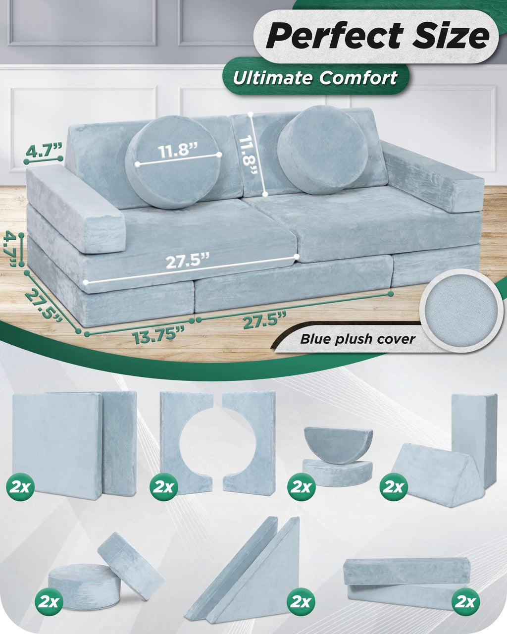 Lunix Modular Kids Play Couch, 14-Piece Fort Building & Climbing Foam Set