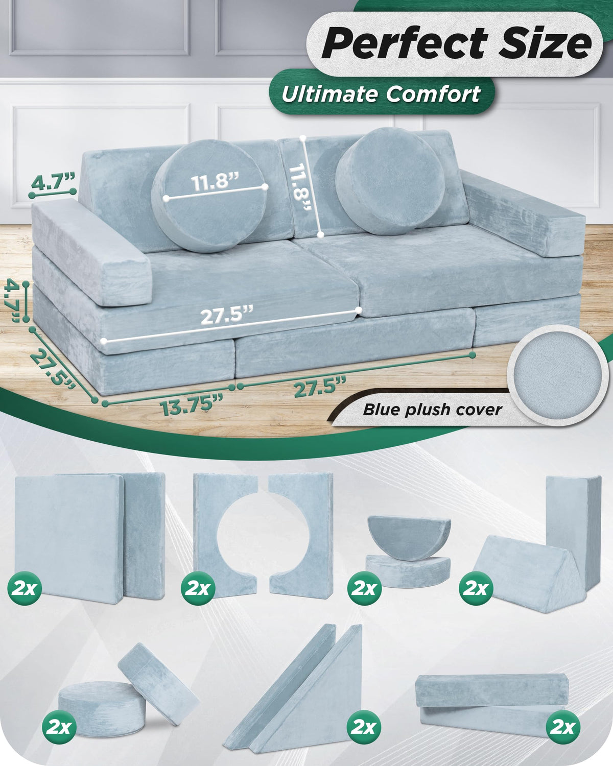 Lunix Modular Kids Play Couch, 14-Piece Fort Building & Climbing Foam Set