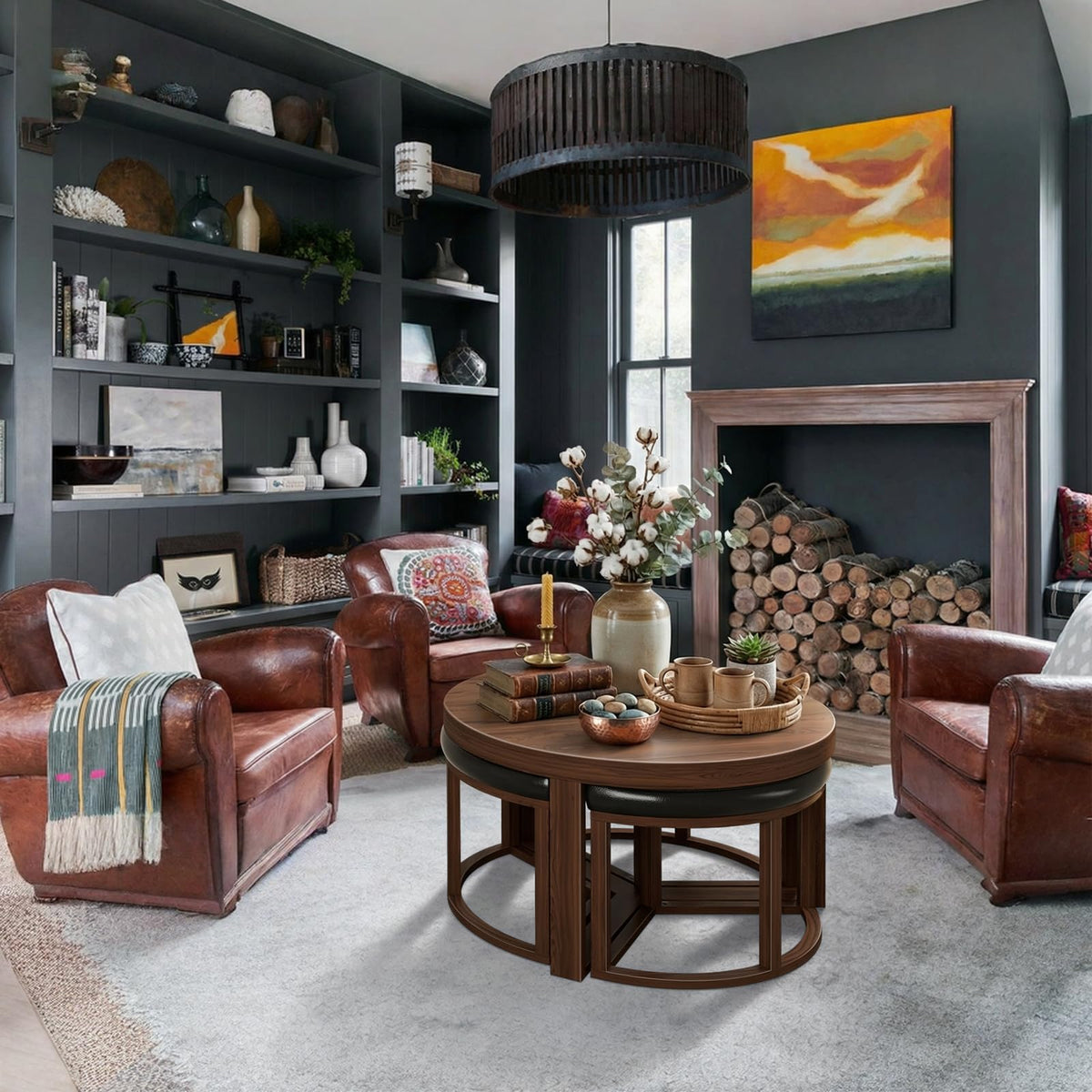 Round Coffee Table with Stools Underneath - 30 Inch Small Modern Tables Set with 3 Chairs Ottomans Seating Seats Black Wood