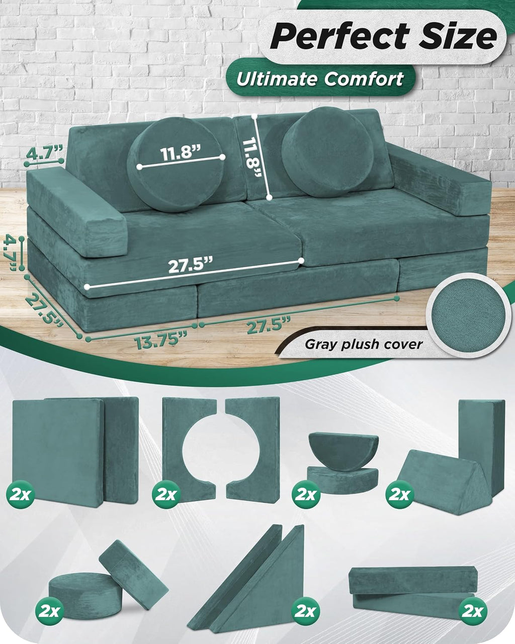 Lunix Modular Kids Play Couch, 14-Piece Fort Building & Climbing Foam Set