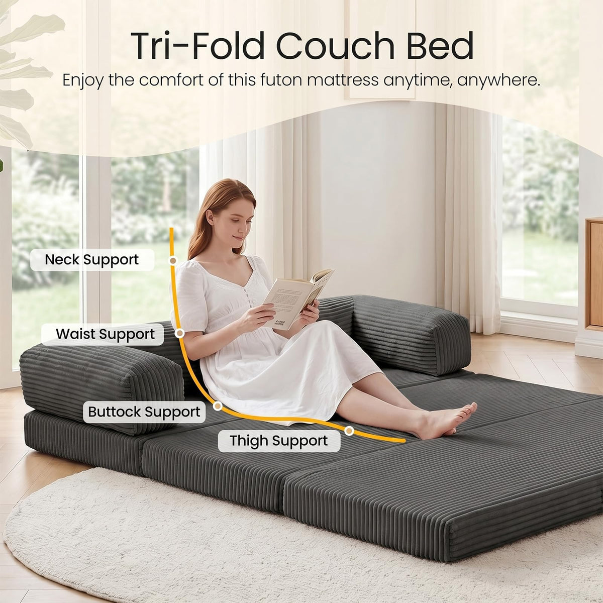 Erament Futon Sofa Bed Queen, Convertible Tri Folding Mattress Foldable with Removable Armrests & Washable Cover, 5-Inch Floor Mattress with High-Density Foam, Small Pull Out Couch Bed, Beige