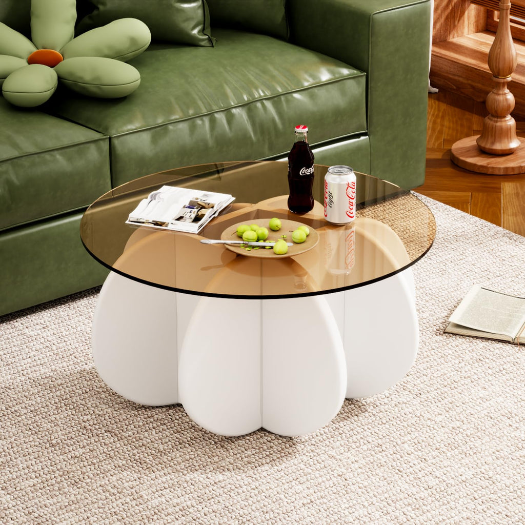 31.5'' Round Coffee Table with Tempered Glass Top, Modern Center Table for Small Spaces - Sturdy Walnut Board Frame, Simple Design for Living Room, Home, Office - Easy Assembly. (Walnut + Brown)