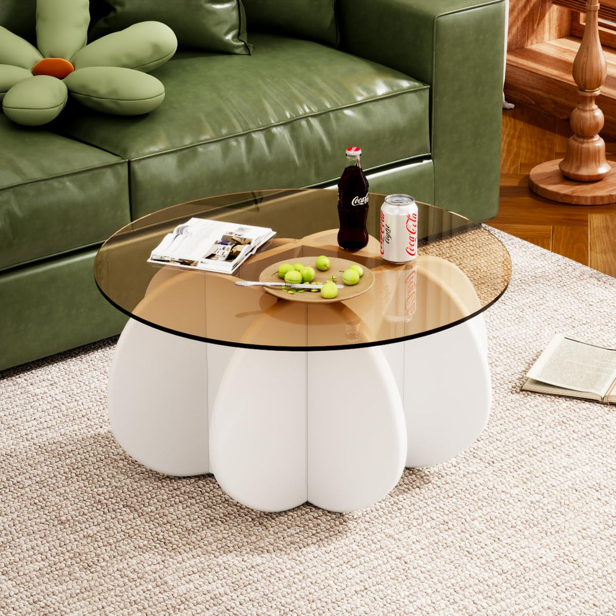 31.5'' Round Coffee Table with Tempered Glass Top, Modern Center Table for Small Spaces - Sturdy Walnut Board Frame, Simple Design for Living Room, Home, Office - Easy Assembly. (Walnut + Brown)