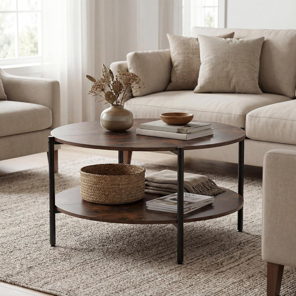 COSTWAY 33.5-inch Wooden Round Coffee Table with Open Storage Shelf, Heavy Duty Metal Frame, 2-Tier Industrial Circle Cocktail Accent Table for Living Room Apartment, Rustic Brown