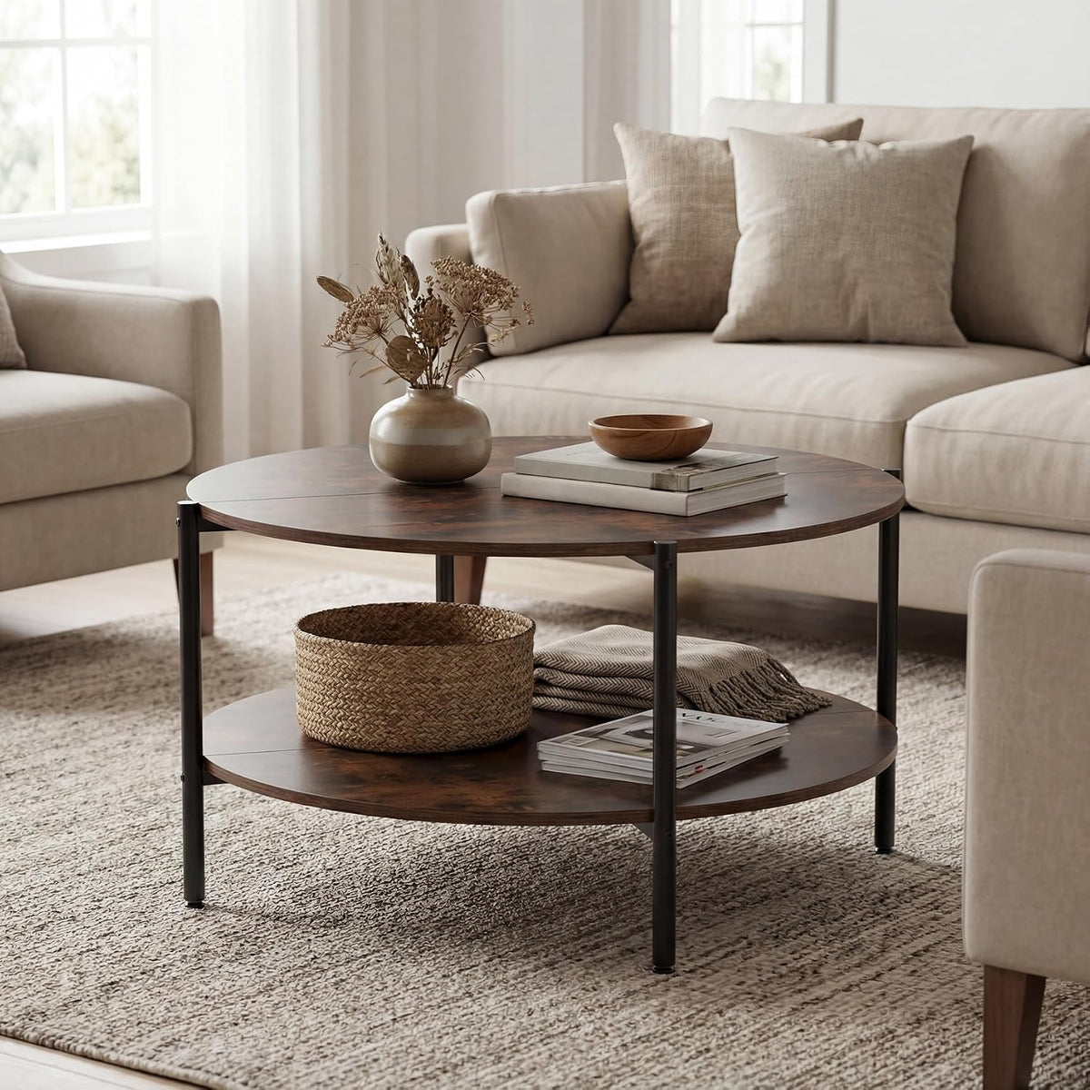 COSTWAY 33.5-inch Wooden Round Coffee Table with Open Storage Shelf, Heavy Duty Metal Frame, 2-Tier Industrial Circle Cocktail Accent Table for Living Room Apartment, Rustic Brown