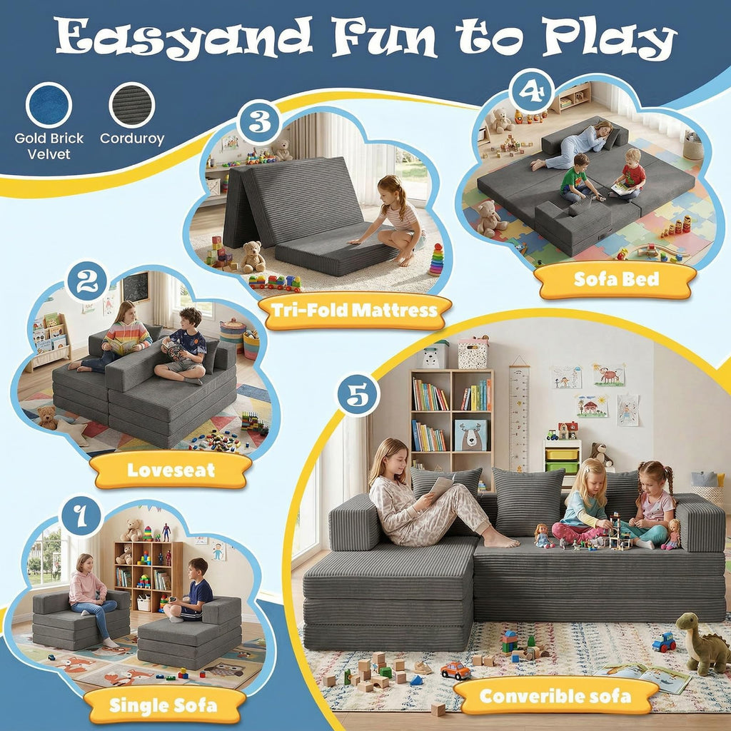 Modular Kids Play Couch, Convertible Toddler Sectional Sofa, Soft Cloud Corduroy Kids Sofa Bed with 3 Pillows, Safe No Edge Foam Play Furniture for Boys Girls Playroom Bedroom