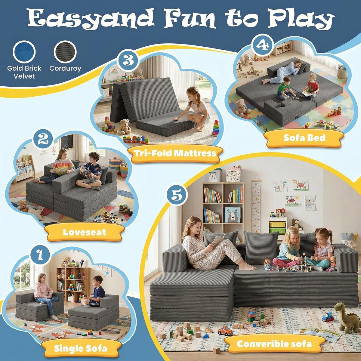Modular Kids Play Couch, Convertible Toddler Sectional Sofa, Soft Cloud Corduroy Kids Sofa Bed with 3 Pillows, Safe No Edge Foam Play Furniture for Boys Girls Playroom Bedroom
