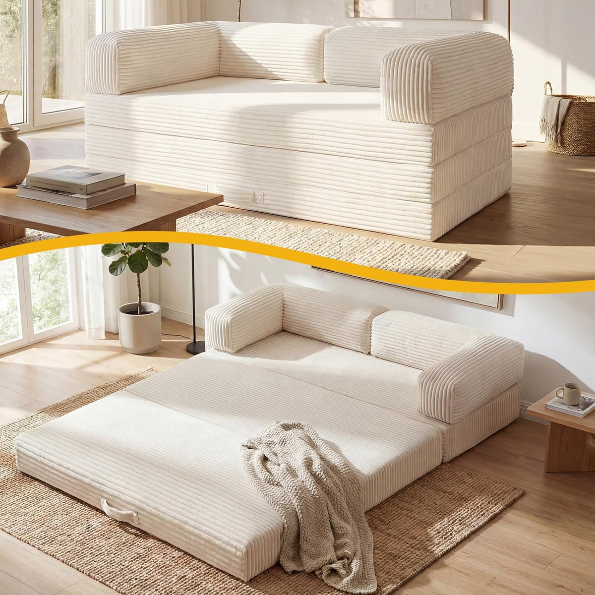 Erament Futon Sofa Bed Queen, Convertible Tri Folding Mattress Foldable with Removable Armrests & Washable Cover, 5-Inch Floor Mattress with High-Density Foam, Small Pull Out Couch Bed, Beige