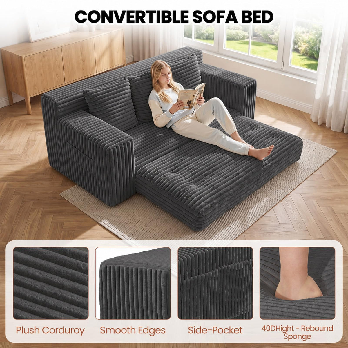 Small Boneless Couch, Boneless Loveseat Convertible Sofa Bed Sleeper Sofa Couch Bed with 2 Pillows, Corduroy Folding Floor Futon Foldable Boneless Couch for Living Room, Guest Room, Small Space, Black