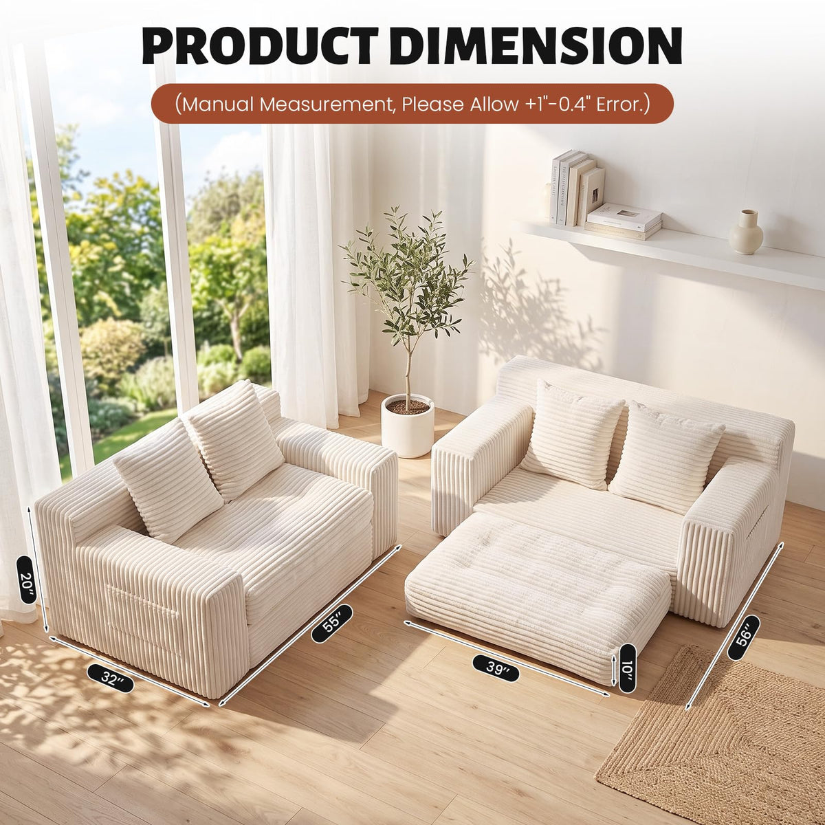 Small Boneless Couch, Boneless Loveseat Convertible Sofa Bed Sleeper Sofa Couch Bed with 2 Pillows, Corduroy Folding Floor Futon Foldable Boneless Couch for Living Room, Guest Room, Small Space, Black