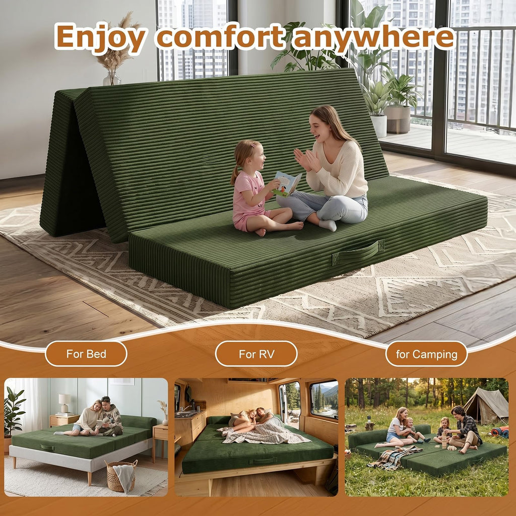 JUIKURY 6 Inch Tri-Fold Memory Foam Mattress Queen Size, 5 in 1 Convertible Sofa Bed, Foldable Floor Futon Sleeper Couch with Washable Cover & High-Density Foam, Portable Guest Bed for Living Room
