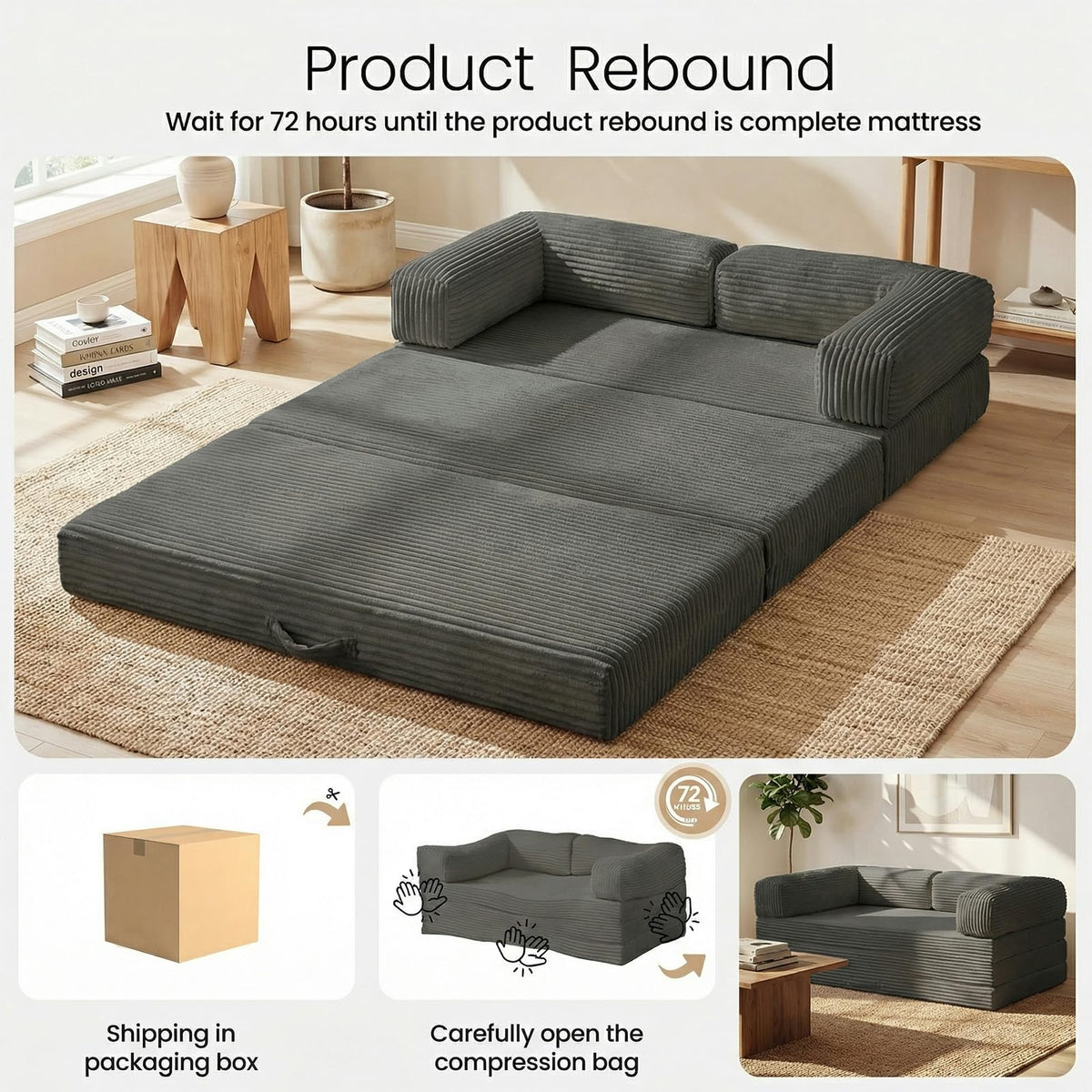 Erament Futon Sofa Bed Queen, Convertible Tri Folding Mattress Foldable with Removable Armrests & Washable Cover, 5-Inch Floor Mattress with High-Density Foam, Small Pull Out Couch Bed, Beige