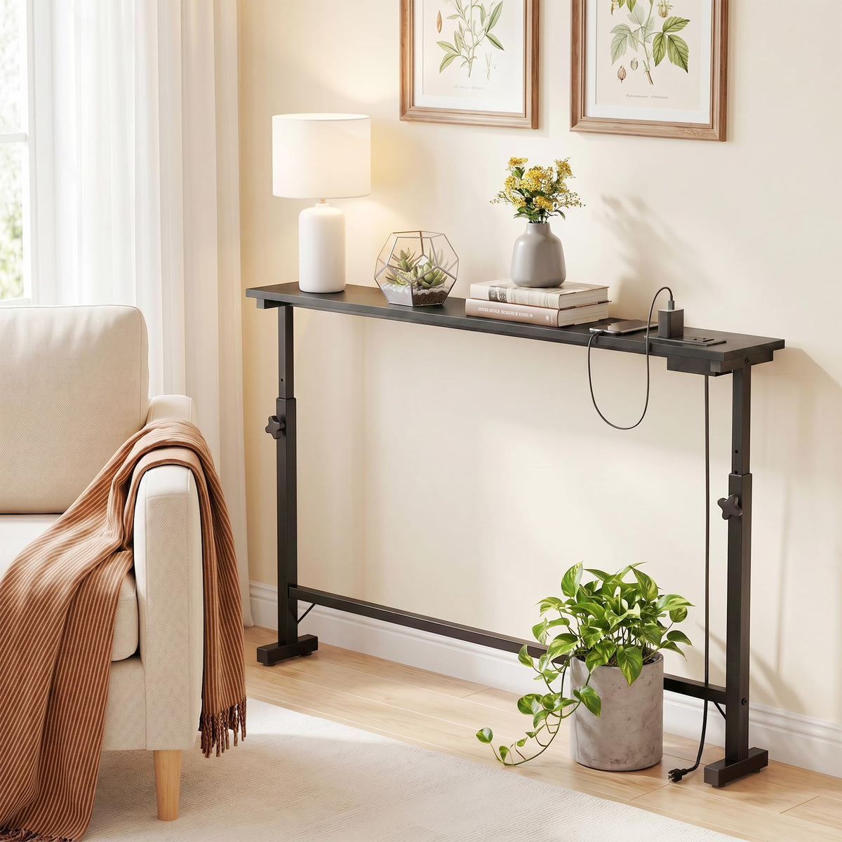 106"-157" Adjustable Length Behind Couch Sofa Table with 3 Power Outlets
