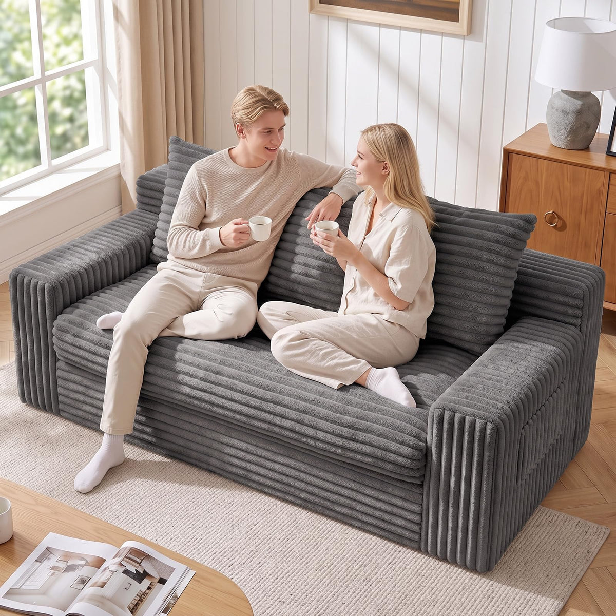 Boneless Couches for Living Room, 2 Seater Boneless Loveseat Sofa, Premium Memory Foam Couch in a Box, Cozy Bean Bag Couch, Lazy Floor Sofa & Loveseat for Bedroom Office Lounge Apartment,Beige