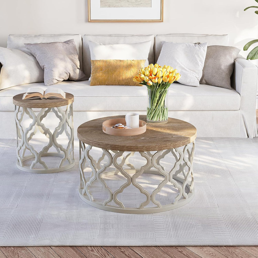 karlott Farmhouse Coffee Table, French Country Round Coffee Table, Beige